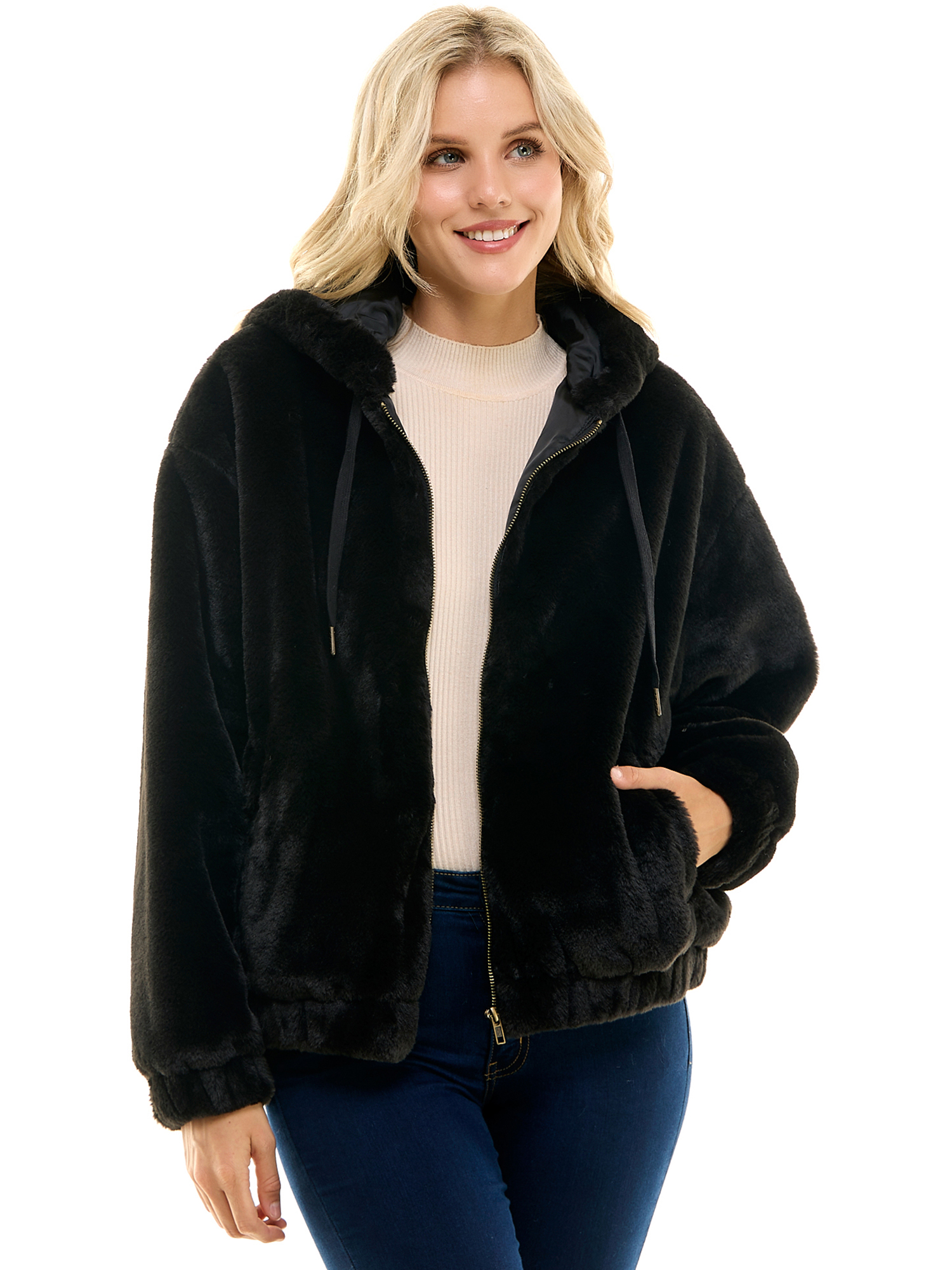 Time and Tru Women's Faux Fur Zip Up Hoodie, Sizes XS-3X - Walmart.com