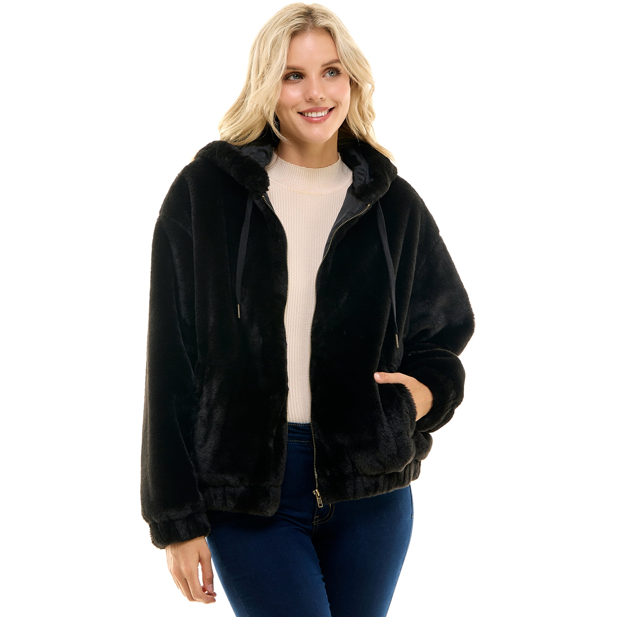 Time and Tru Women's Faux Fur Zip Up Hoodie, Sizes XS-3X - Walmart.com