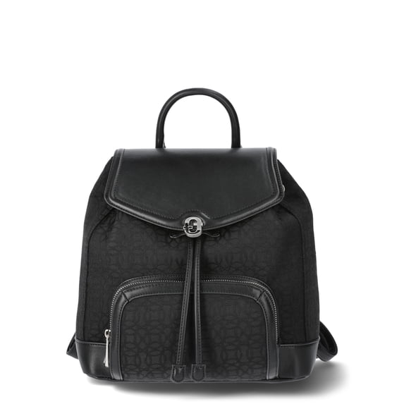 Time and Tru Women's Faux Leather Drawstring Backpack, Black Jacquard