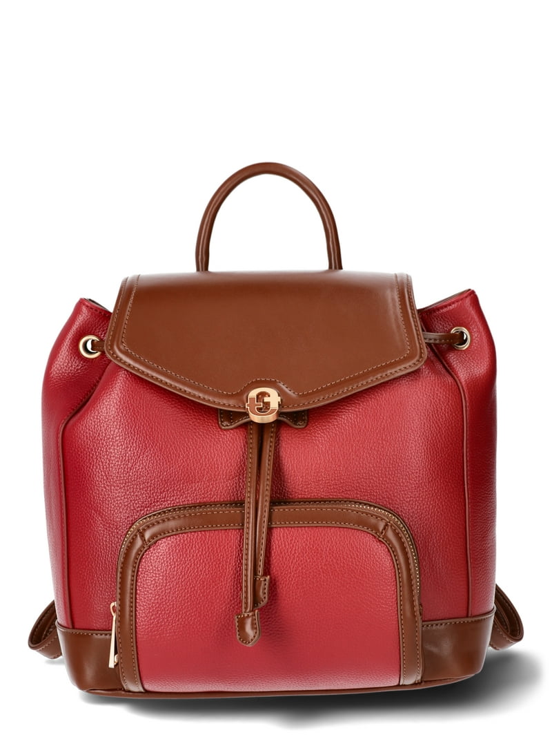 Time and Tru Women's Faux Leather Drawstring Backpack, Persimmon