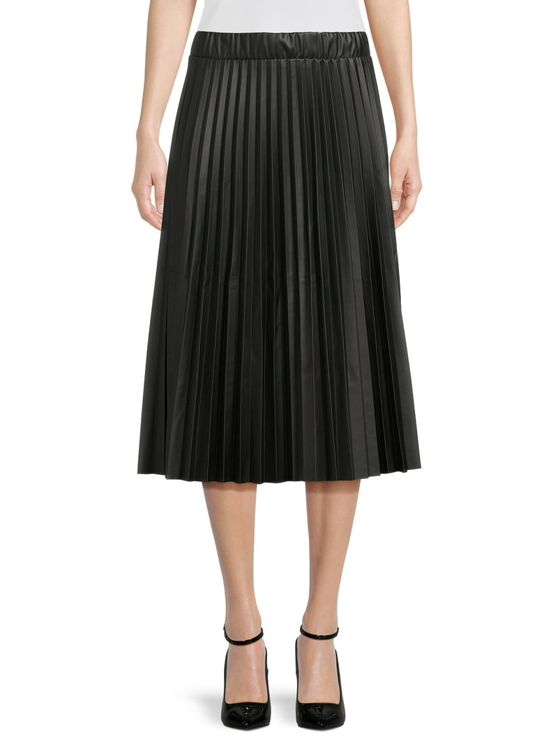 ACR-FW-2425 P38-TO ブラック S Time and Tru Women's Faux Leather Pleated Skirt, Sizes XS-3XL