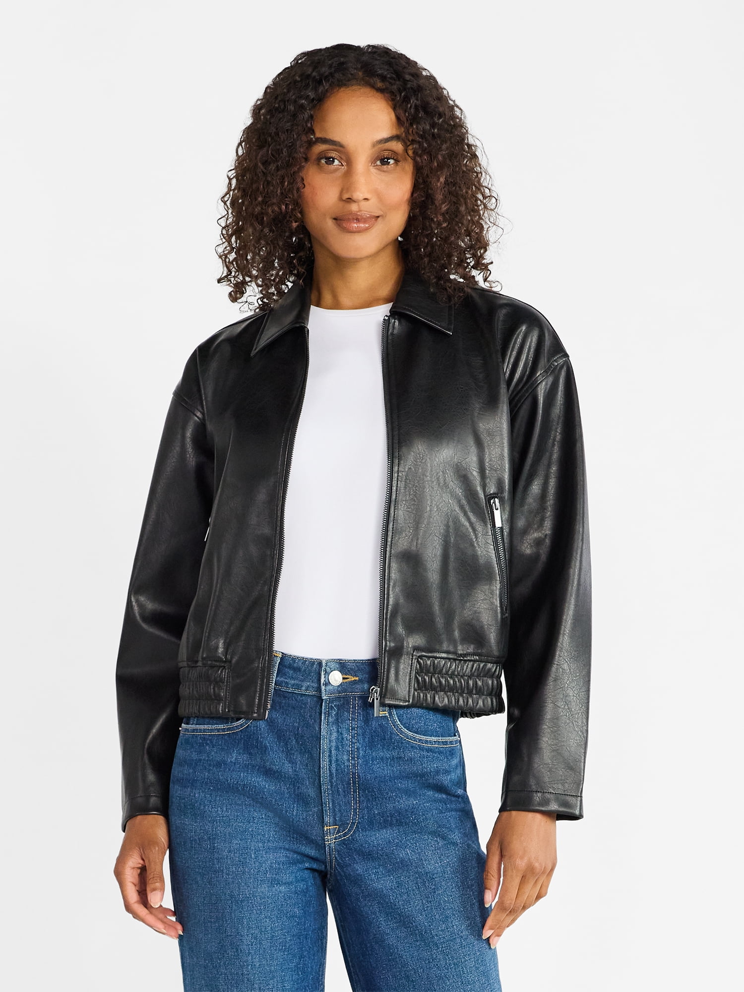 Time and Tru Women's Faux Leather Zip Jacket, Midweight, Sizes XS-XXXL