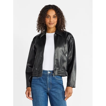 Time and Tru Women's Faux Leather Zip Jacket, Midweight, Sizes XS-XXXL