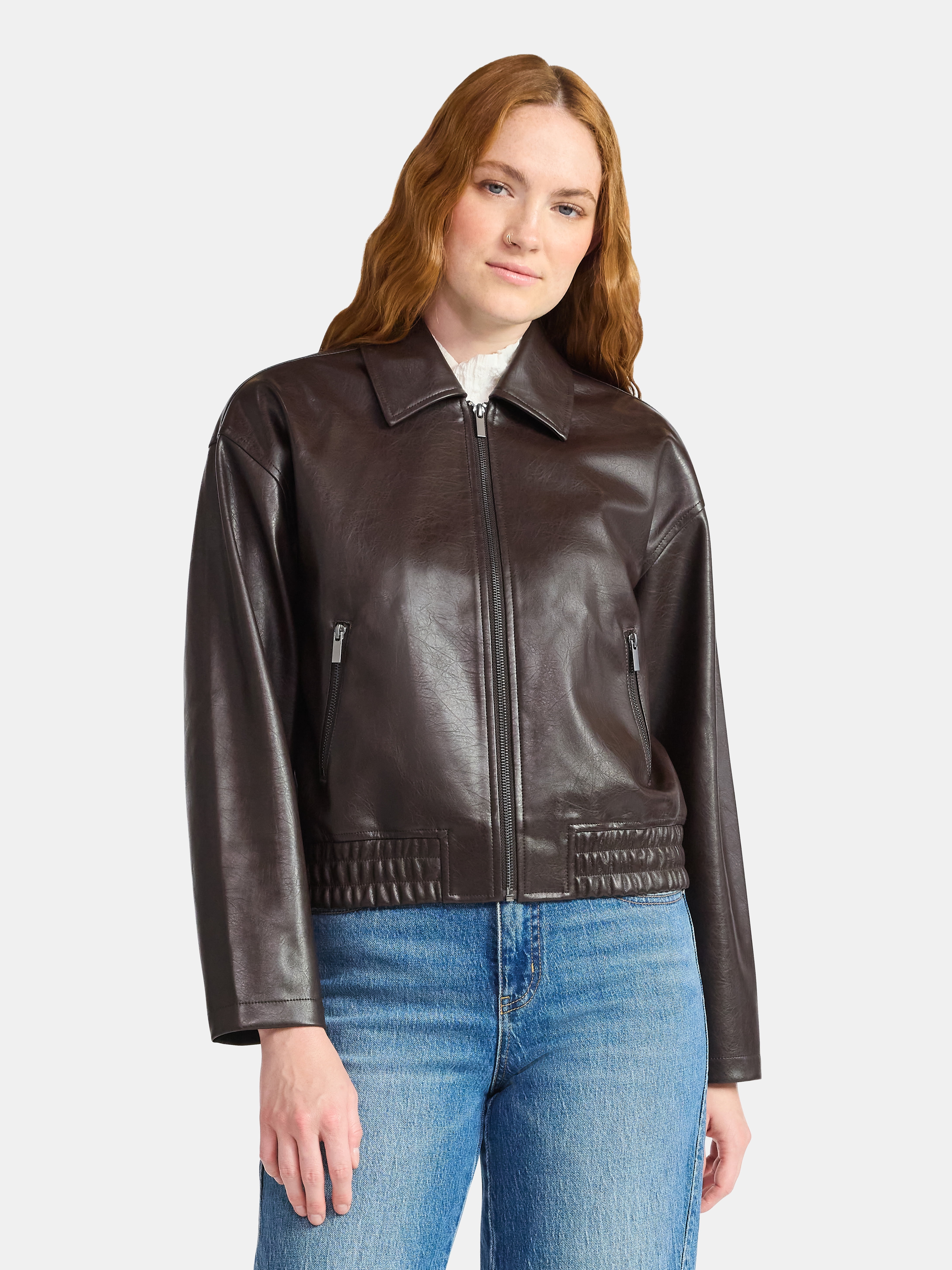 Time and Tru Women's Faux Leather Zip Jacket, Midweight, Sizes XS-XXXL
