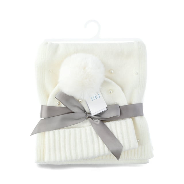 Time and Tru Women's Faux Pearl Accent Beanie and Winter Scarf 2-Piece Gift Set, Ivory