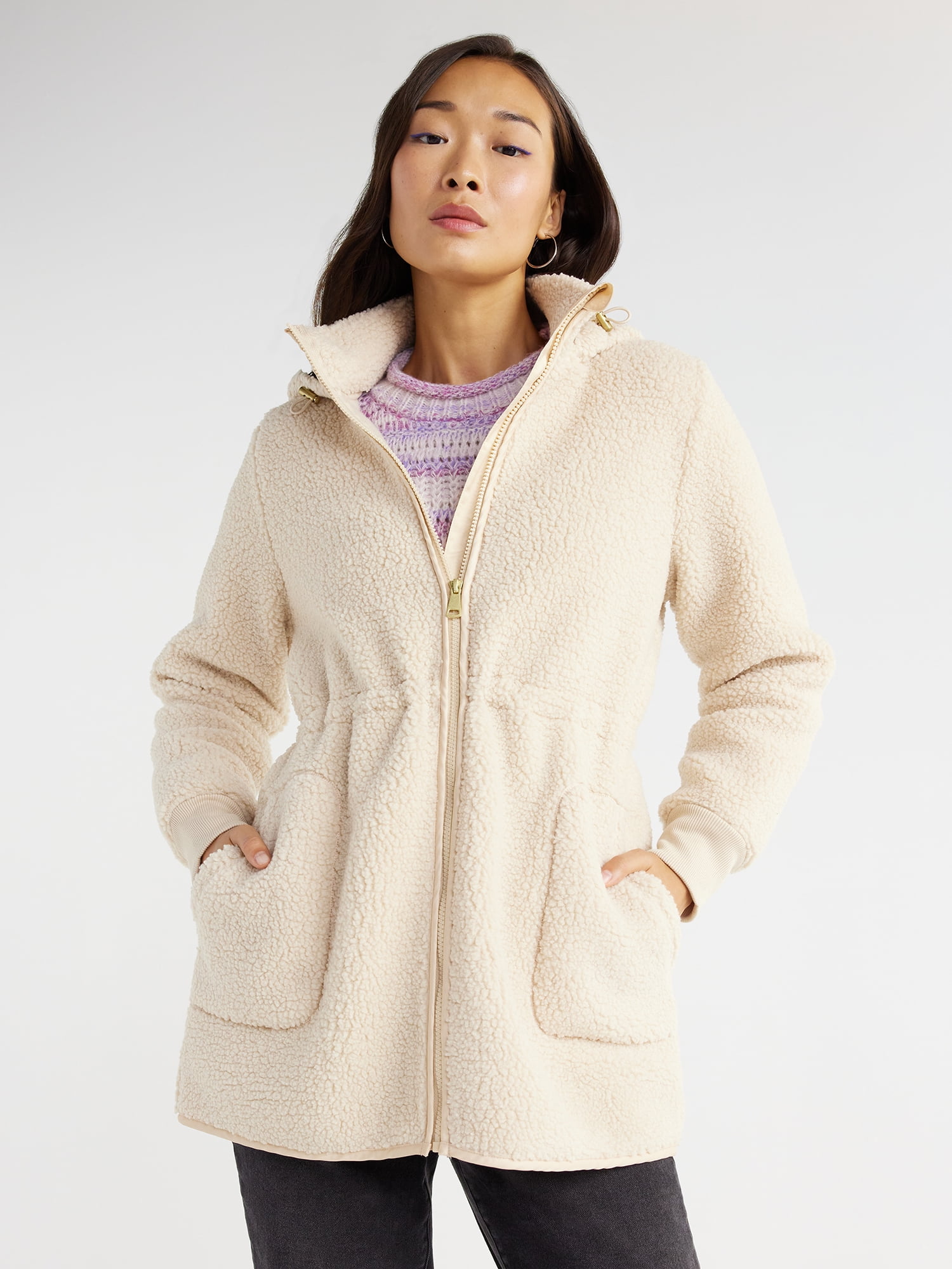 Time and Tru Women's Long Teddy Bear Faux Sherpa Coat 