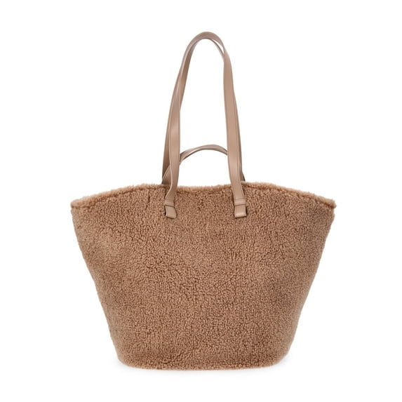 Time and Tru Women's Faux Shearling Tulip Tote Handbag, Tan