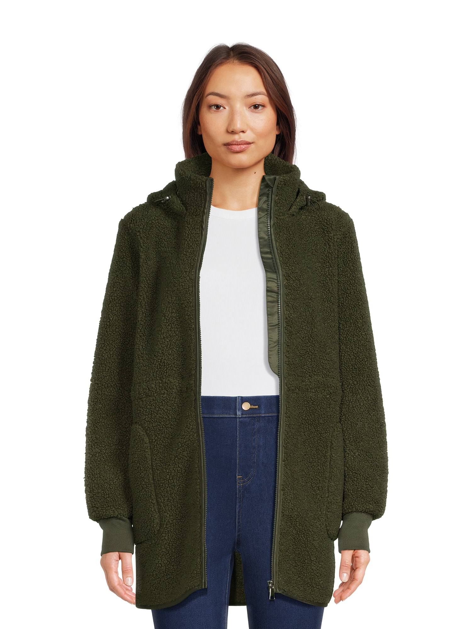 Time and Tru Women’s Faux Sherpa Jacket with Hood, Sizes S-2X - Walmart.com