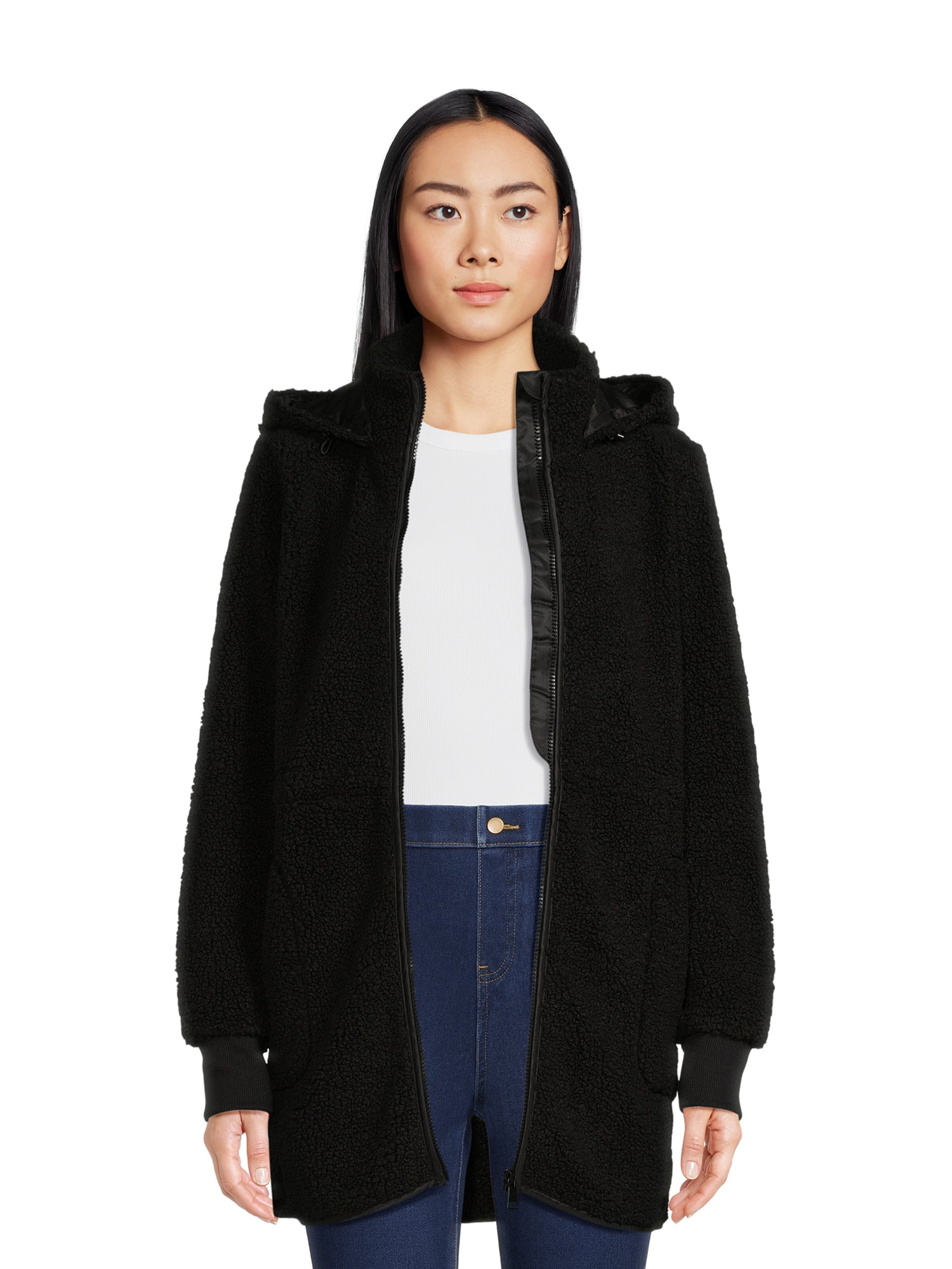 Time and Tru Women’s Faux Sherpa Jacket with Hood, Sizes S2X