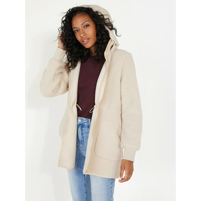 Time and Tru Women’s Faux Sherpa Jacket with Hood, Sizes S2X