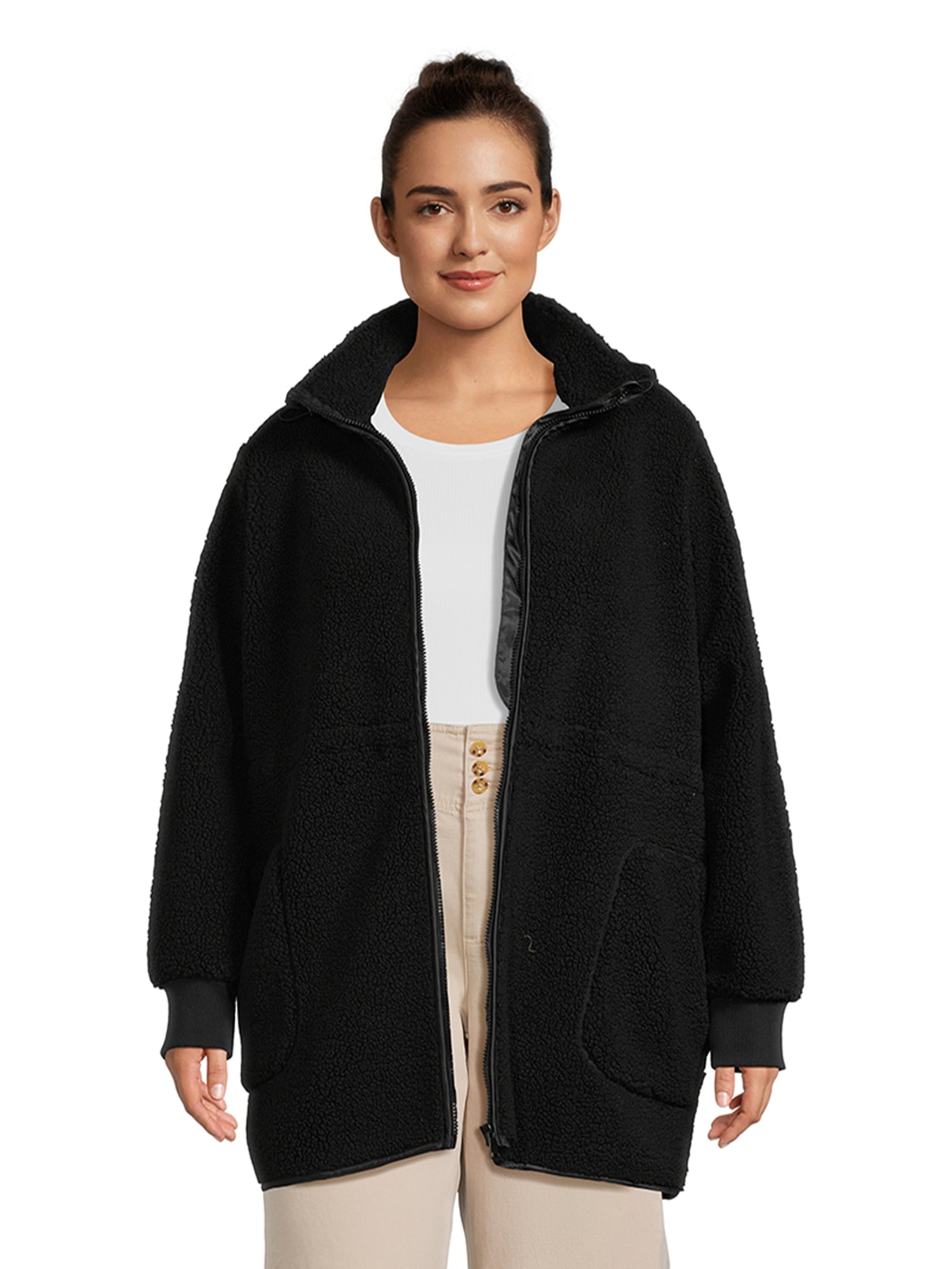 Time and Tru Women’s Faux Sherpa Jacket with Hood, Sizes S-2X - Walmart.com