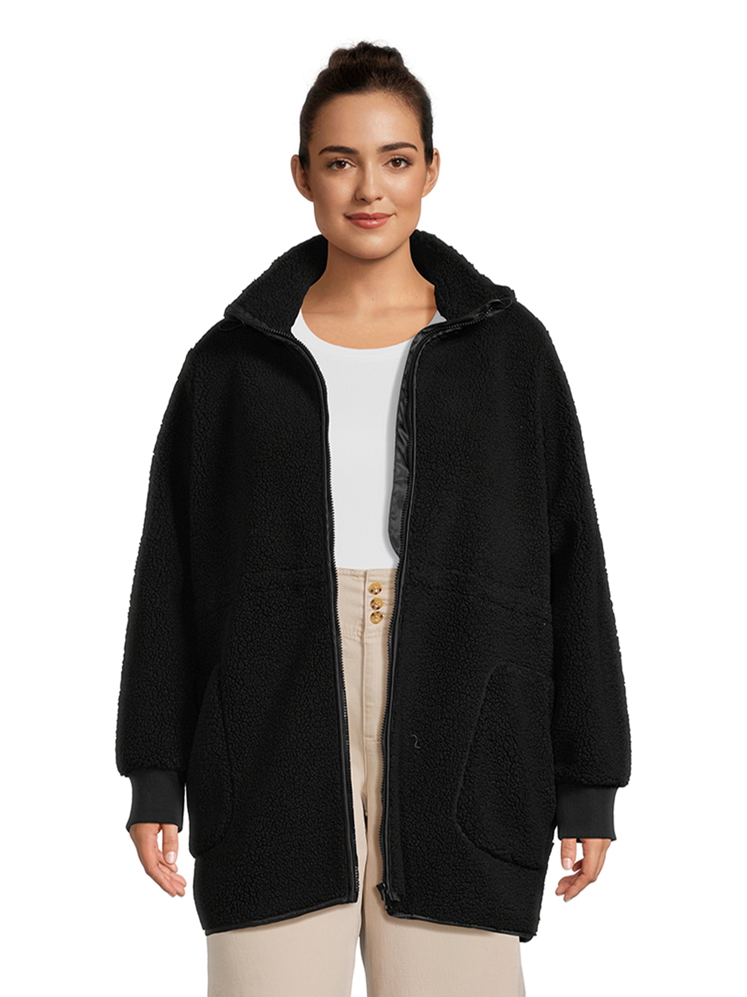 Time and Tru Women’s Faux Sherpa Jacket with Hood, Sizes S2X