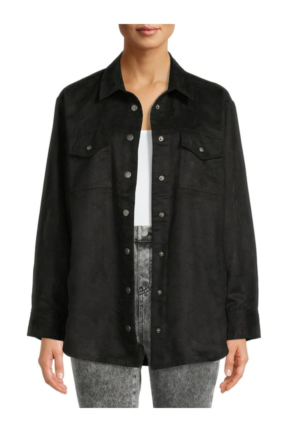 Women's Faux Suede Shacket with Snaps, Sizes XS-XXXL
