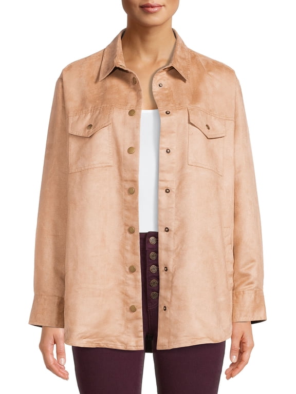 Women's Faux Suede Shacket with Snaps, Sizes XS-XXXL