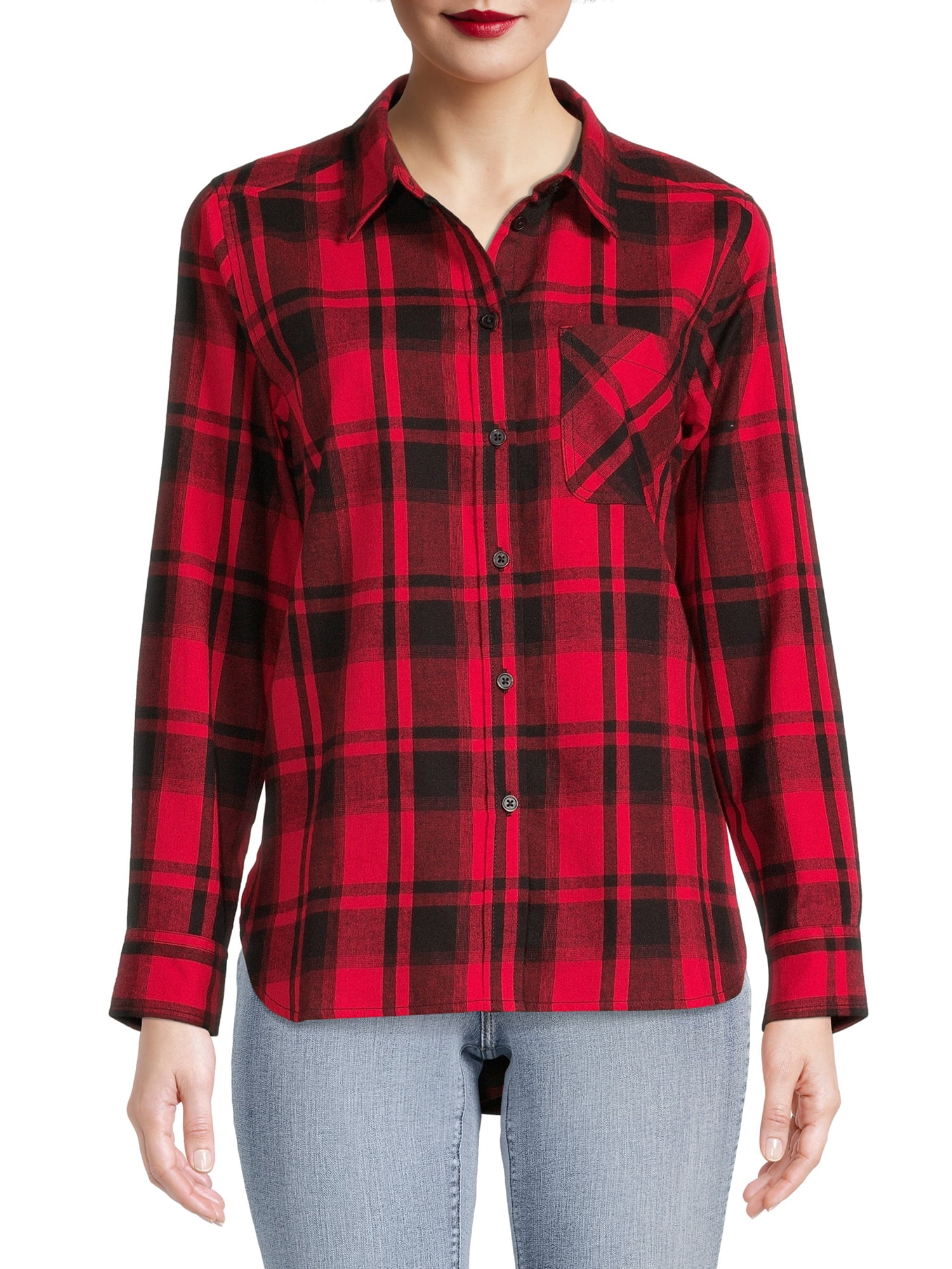 Time and Tru Women's Flannel Shirt, Sizes Xs-3xl, Size: Large, Red