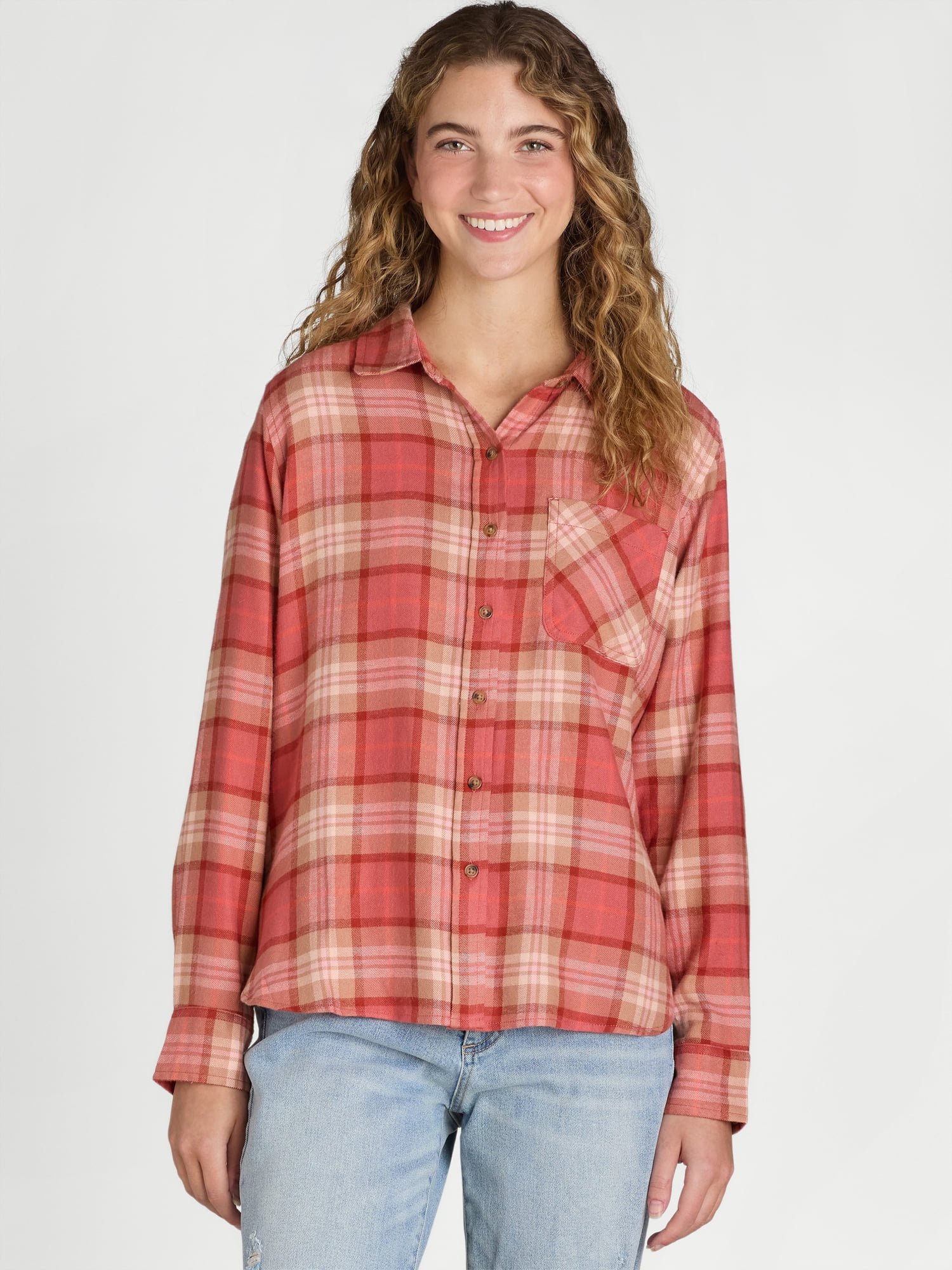 Time and Tru Women's Flannel Shirt with Long Sleeves, Sizes S-XXXL