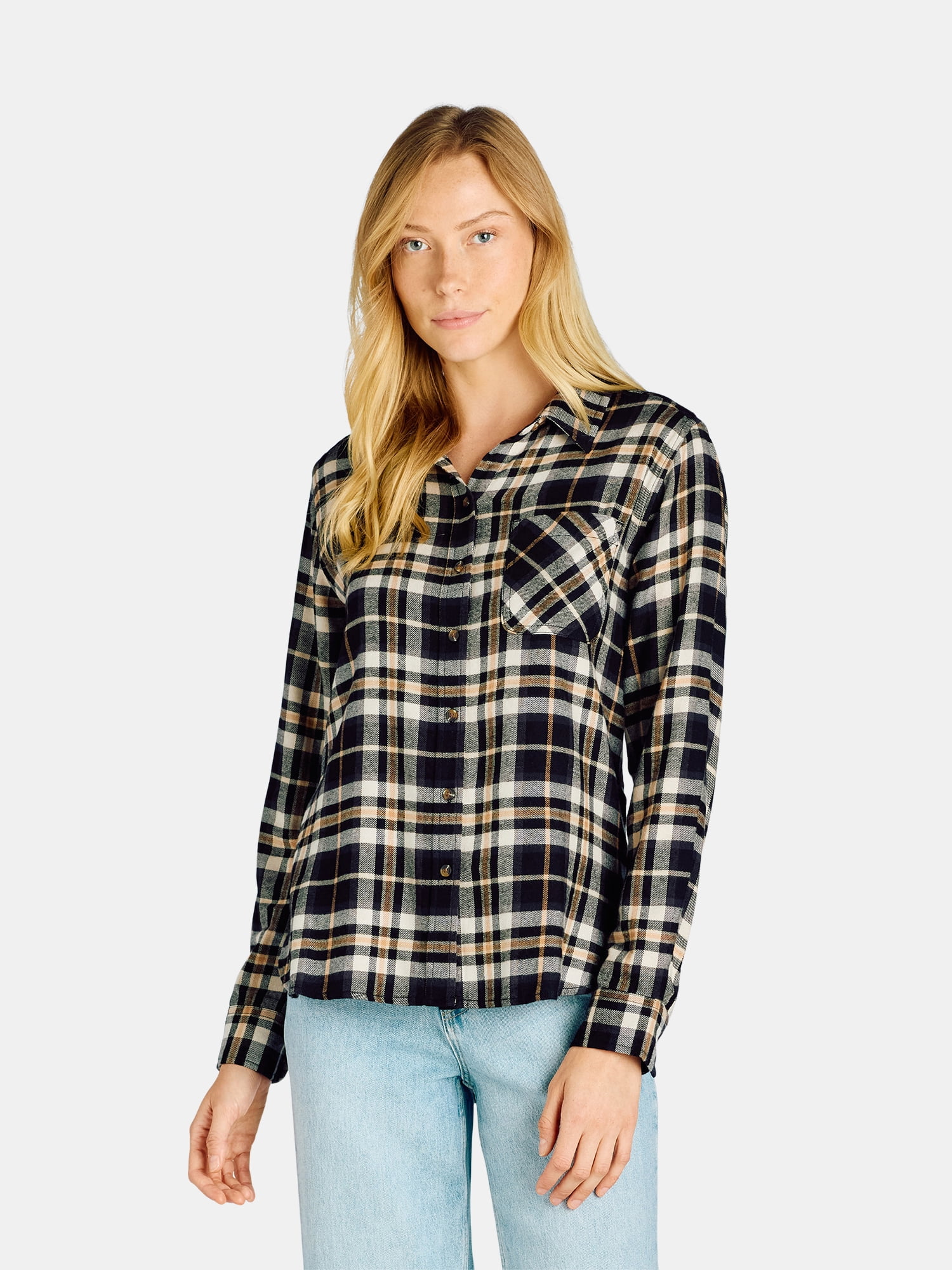 Time and Tru Women's Flannel Shirt with Long Sleeves, Sizes S-XXXL