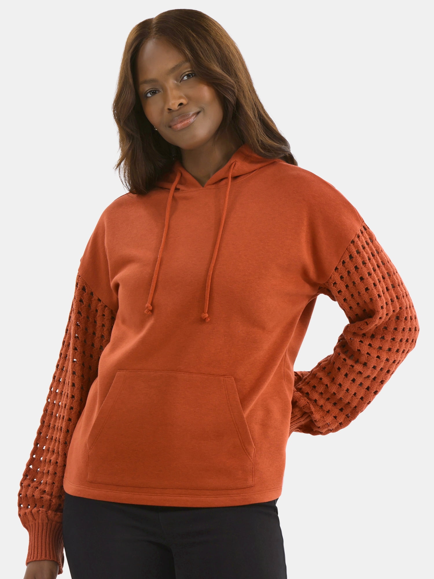 Time and Tru Women's and Women's Plus Fleece Hoodie with Crochet Long Sleeves, Sizes XS-4X