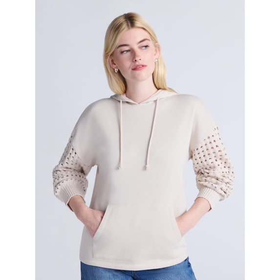 Time and Tru Women's and Women's Plus Fleece Hoodie with Crochet Long Sleeves, Sizes XS-4X