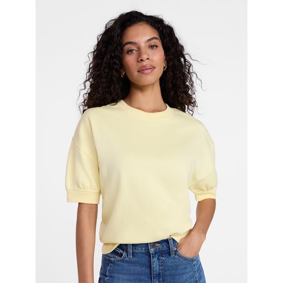Time and Tru Women's Fleece Sweatshirt with Short Puff Sleeves, Sizes XS-4X