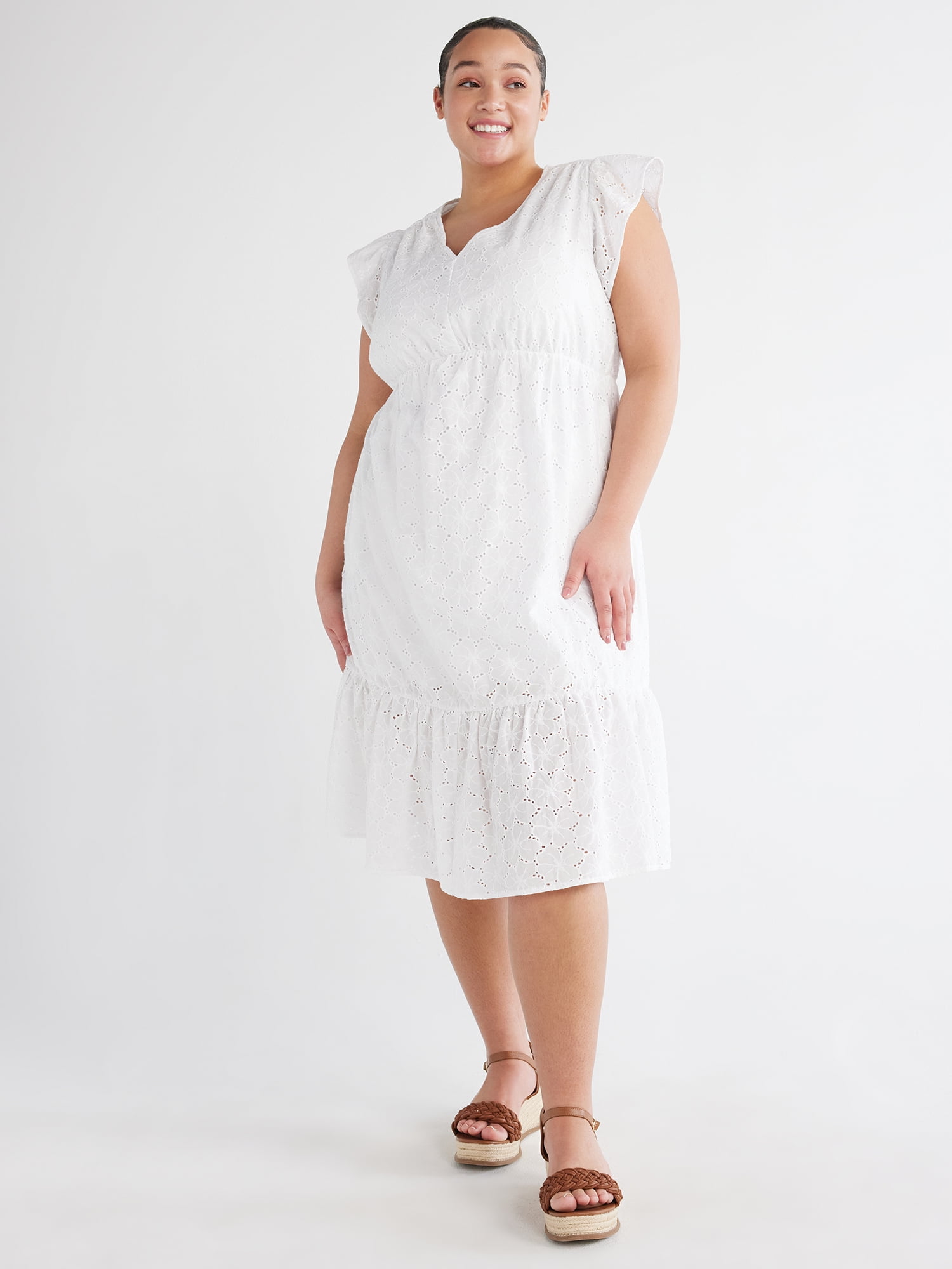 Time and Tru Women's Floral Eyelet Dress with Flutter Sleeves, Sizes XS-4X  - Walmart.com
