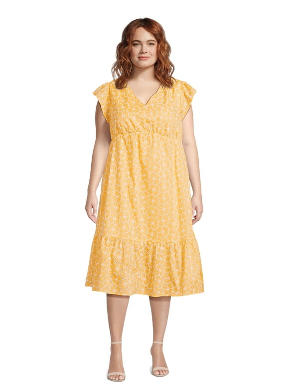 Time and Tru Women's Floral Eyelet Dress with Flutter Sleeves, Sizes XS-4X