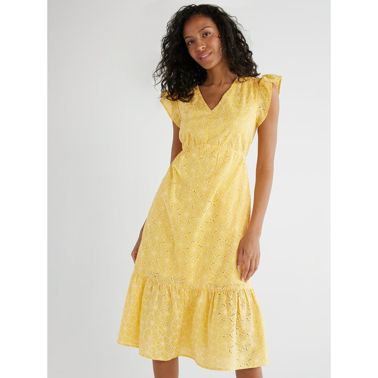 Time and Tru Women s Floral Eyelet Dress with Flutter Sleeves Sizes XS 4X Walmart