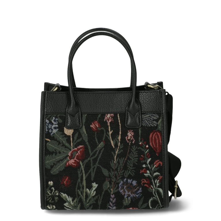Time and Tru Women s Floral Mini Box Tote Bag with Crossbody Strap Black