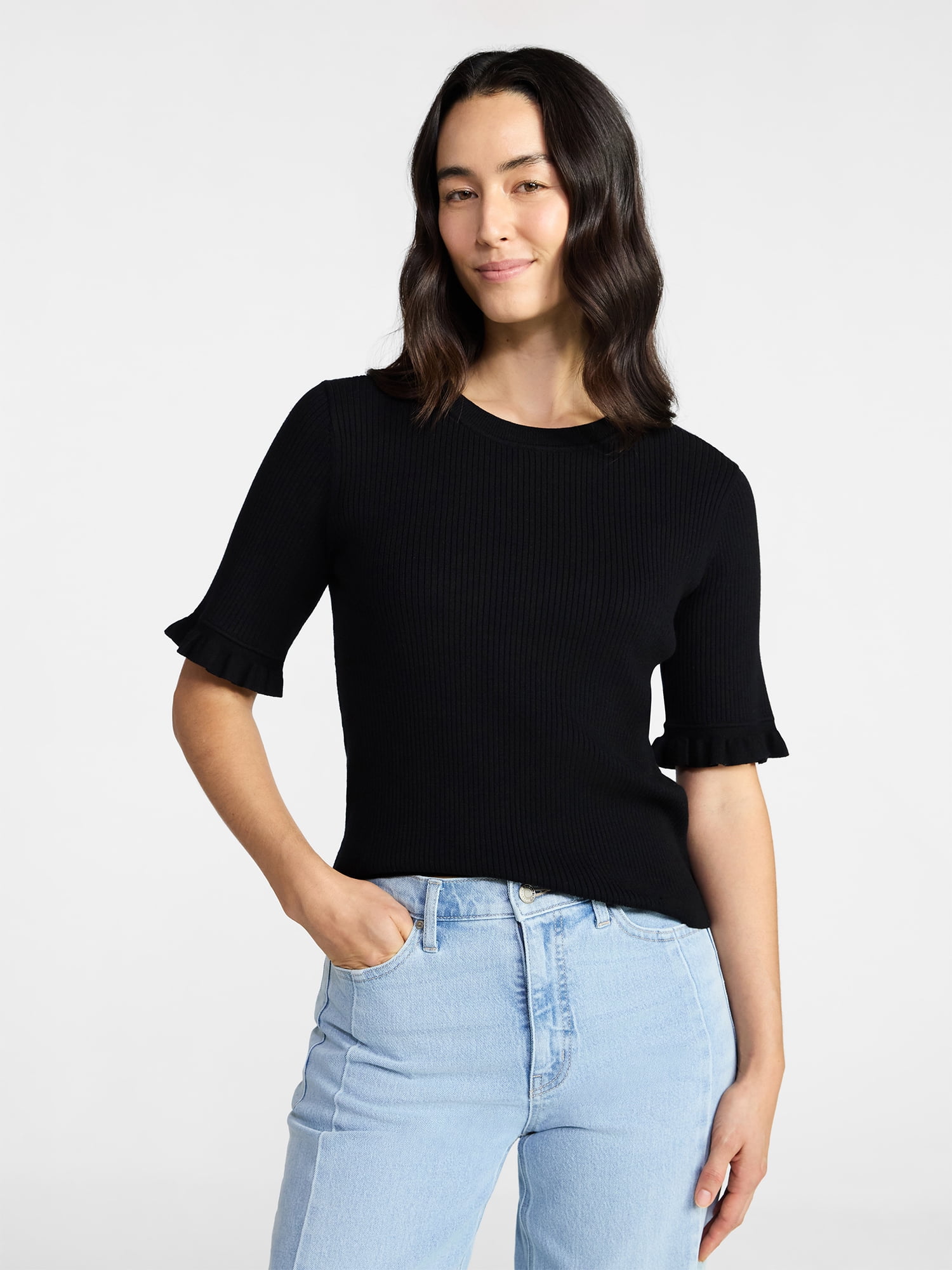 Time and Tru Women's Ribbed Sweater with Flounce Sleeves, Midweight, Sizes XS-XXXL