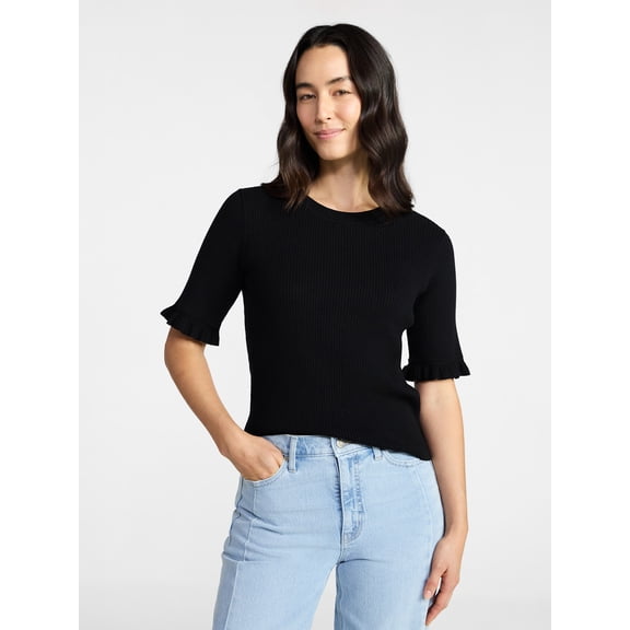 Time and Tru Women's Ribbed Sweater with Flounce Sleeves, Midweight, Sizes XS-XXXL