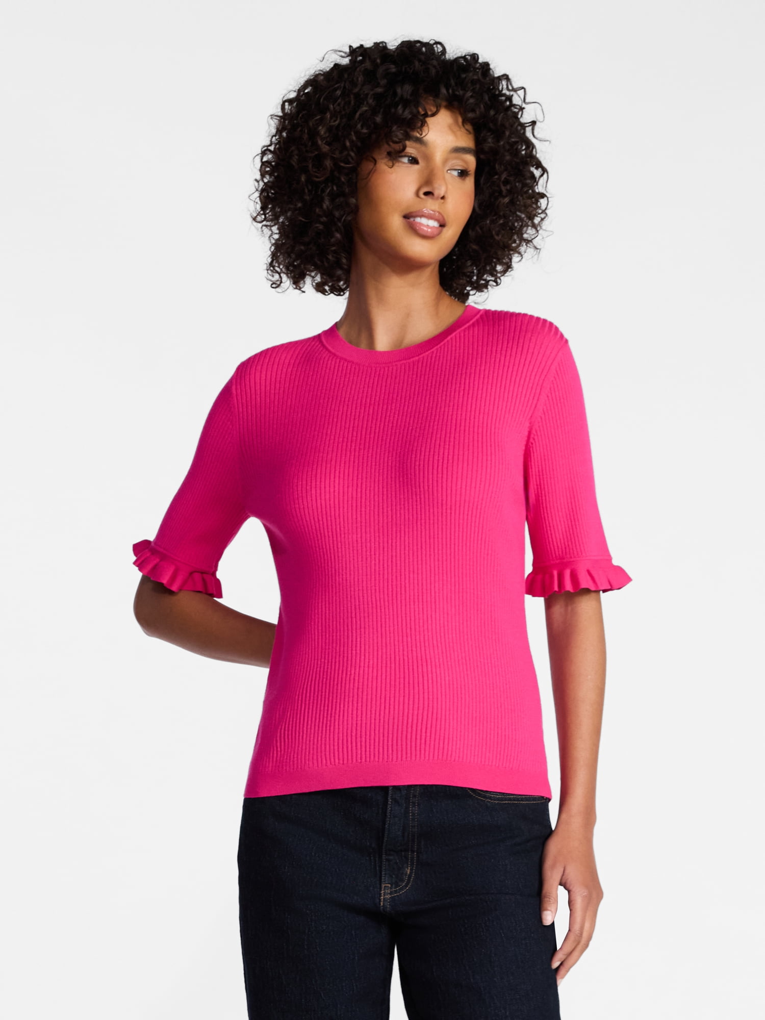 Time and Tru Women's Ribbed Sweater with Flounce Sleeves, Midweight, Sizes XS-XXXL