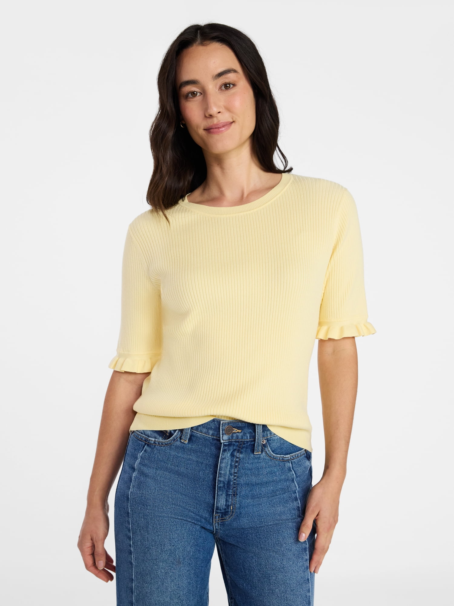 Time and Tru Women's Ribbed Sweater with Flounce Sleeves, Midweight, Sizes XS-XXXL
