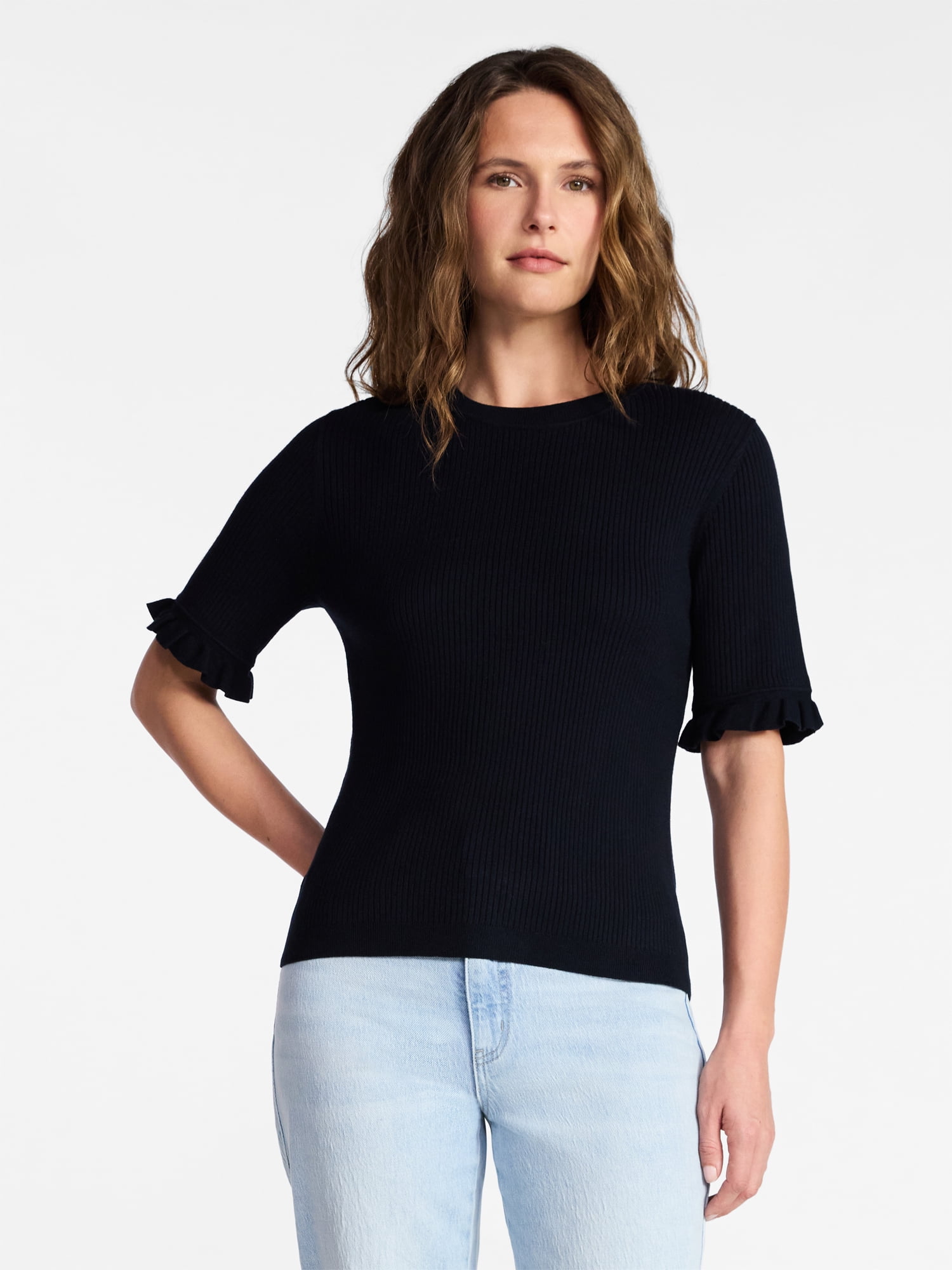 Time and Tru Women's Ribbed Sweater with Flounce Sleeves, Midweight, Sizes XS-XXXL