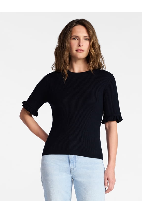 Women's Ribbed Sweater with Flounce Sleeves, Midweight, Sizes XS-XXXL