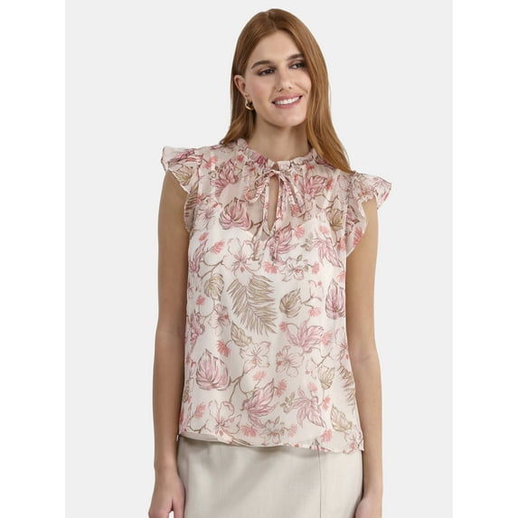 Time and Tru Women's Flutter Sleeve Blouse with Cami, XS-XXXL