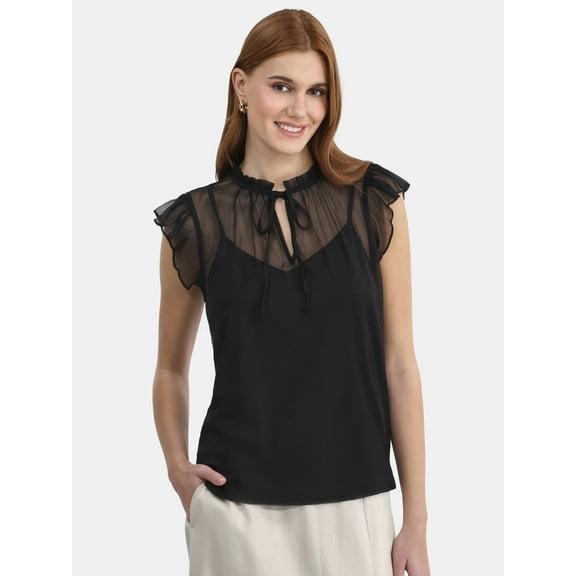 Time and Tru Women's Flutter Sleeve Blouse with Cami, XS-XXXL