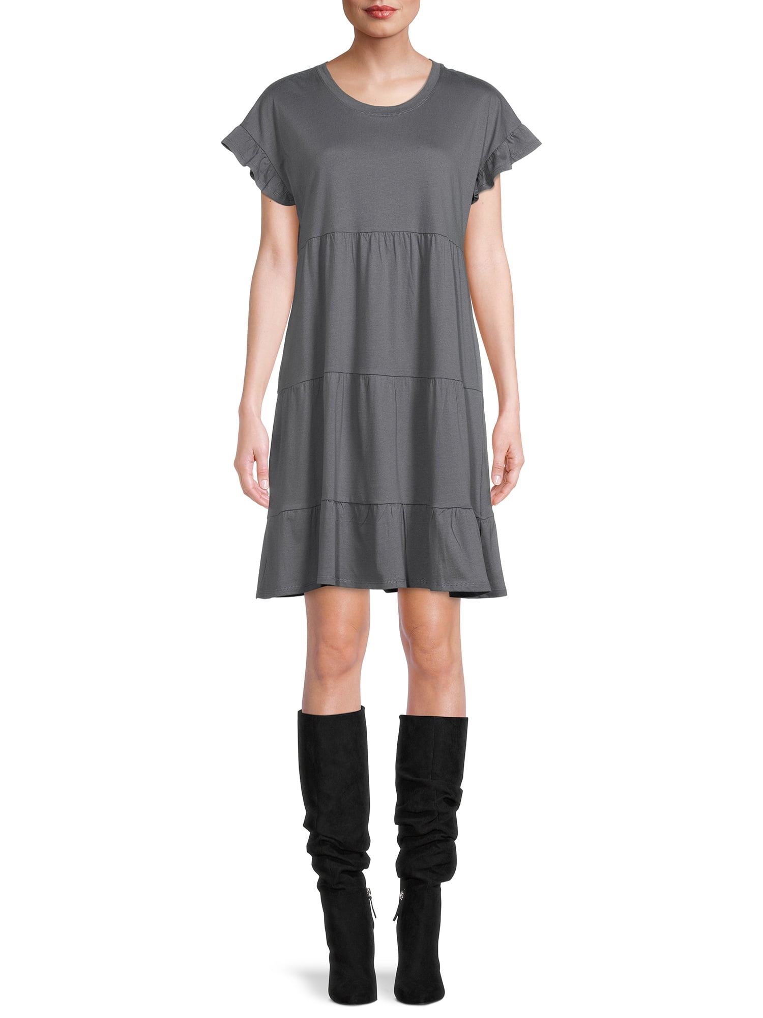 Time and Tru Women's Flutter Sleeve Knee Length Tiered Dress