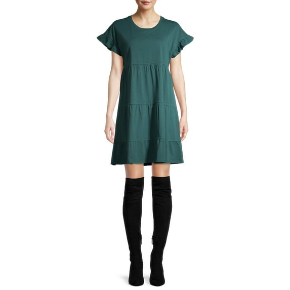 Time and Tru Women's Flutter Sleeve Knee Length Tiered Dress