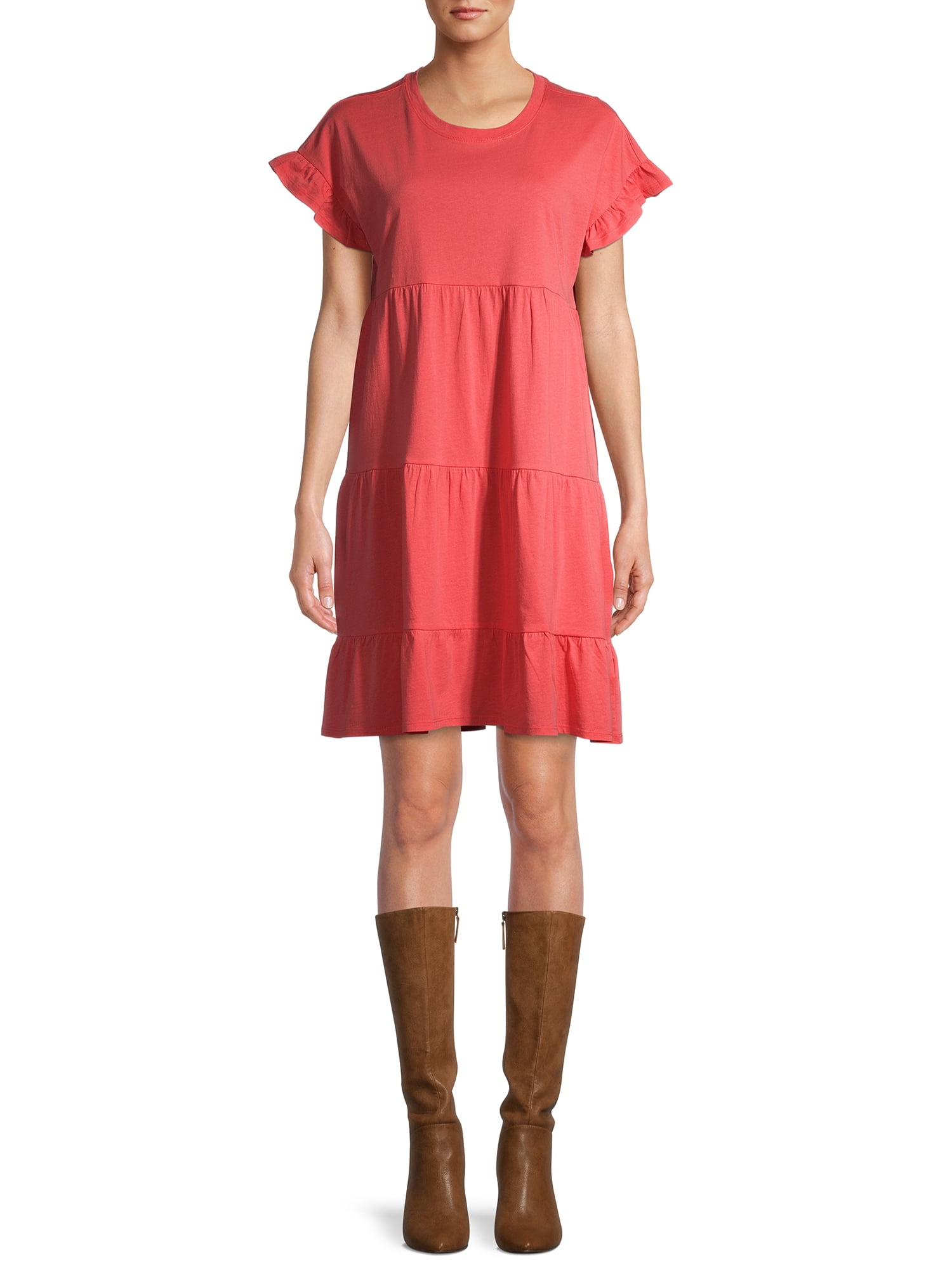 Time and Tru Women's Flutter Sleeve Knee Length Tiered Dress