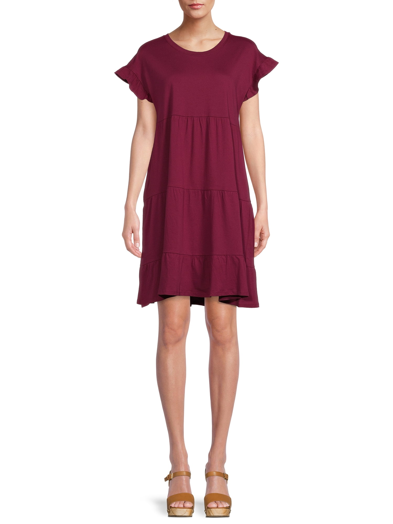 Time and Tru Women's Flutter Sleeve Knee Length Tiered Dress