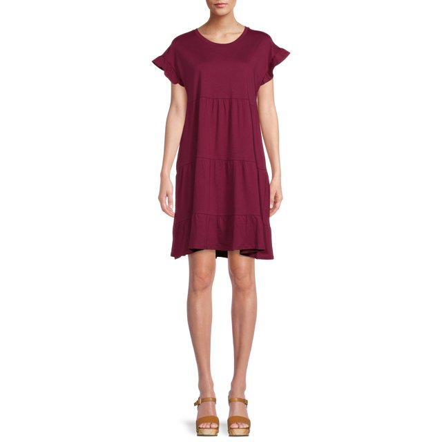 Time and Tru Women's Flutter Sleeve Knee Length Tiered Dress - Walmart.com