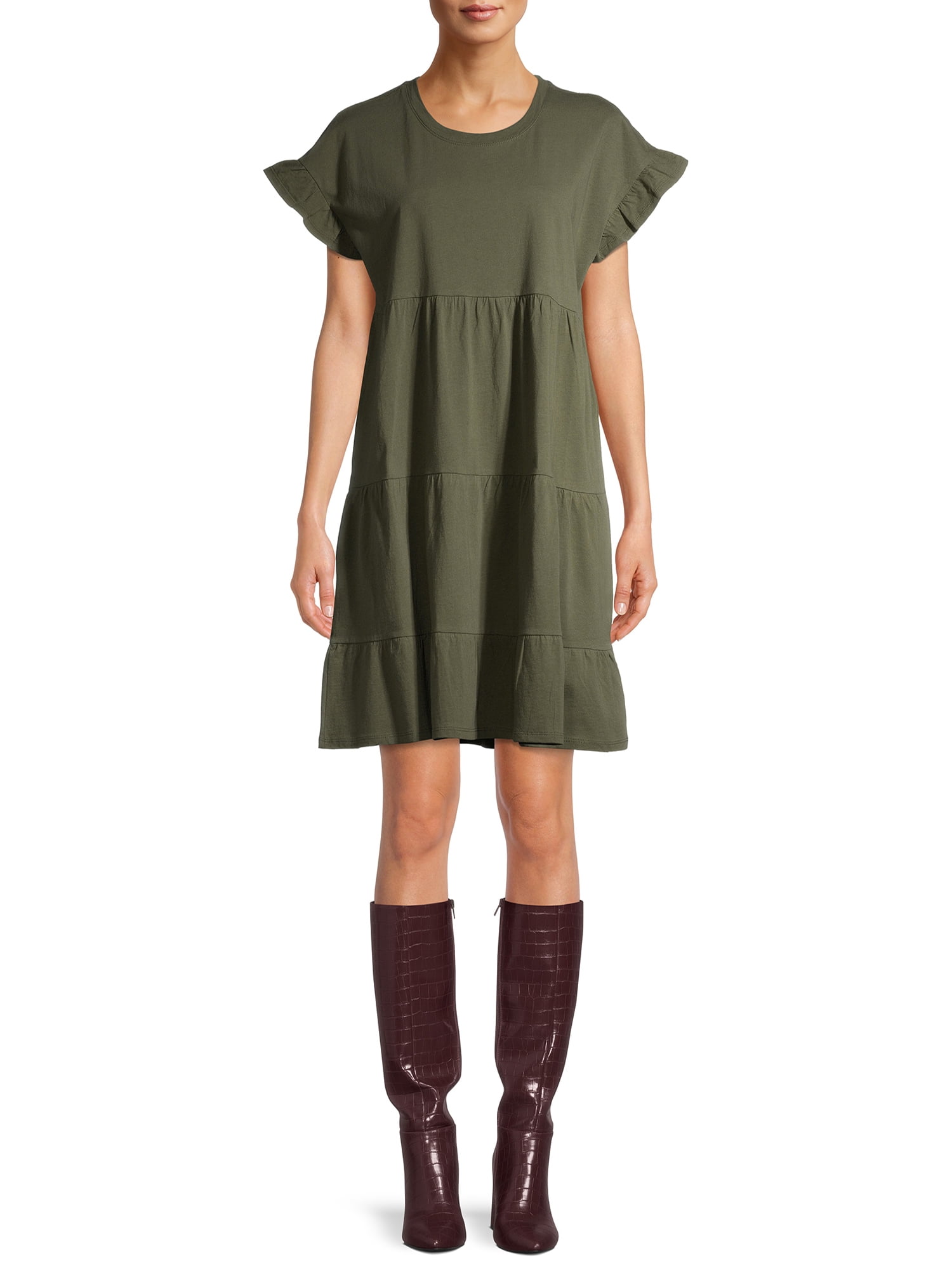 Time and Tru Women's Flutter Sleeve Knee Length Tiered Dress