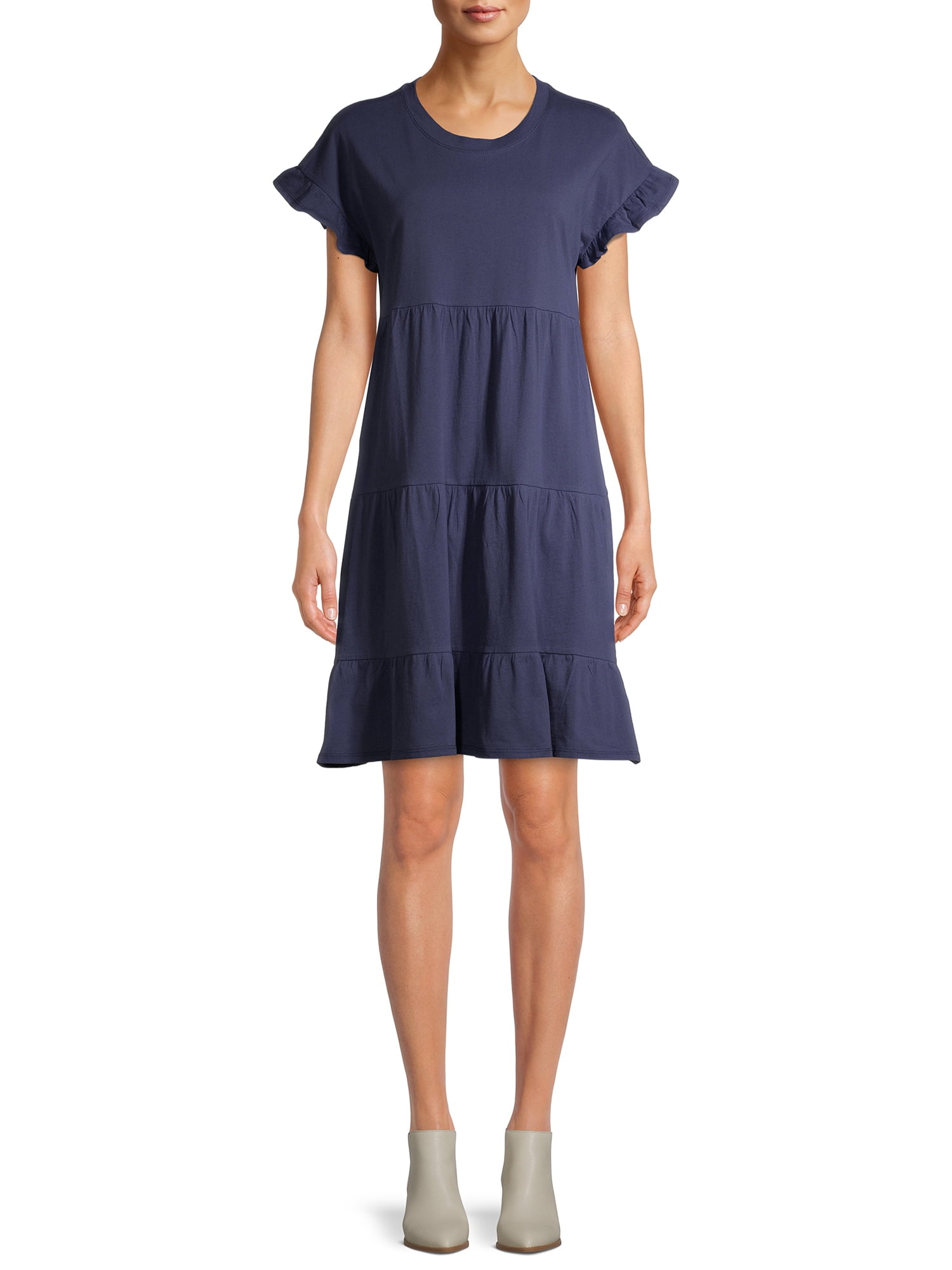 Time and Tru Women's Flutter Sleeve Knee Length Tiered Dress - Walmart.com