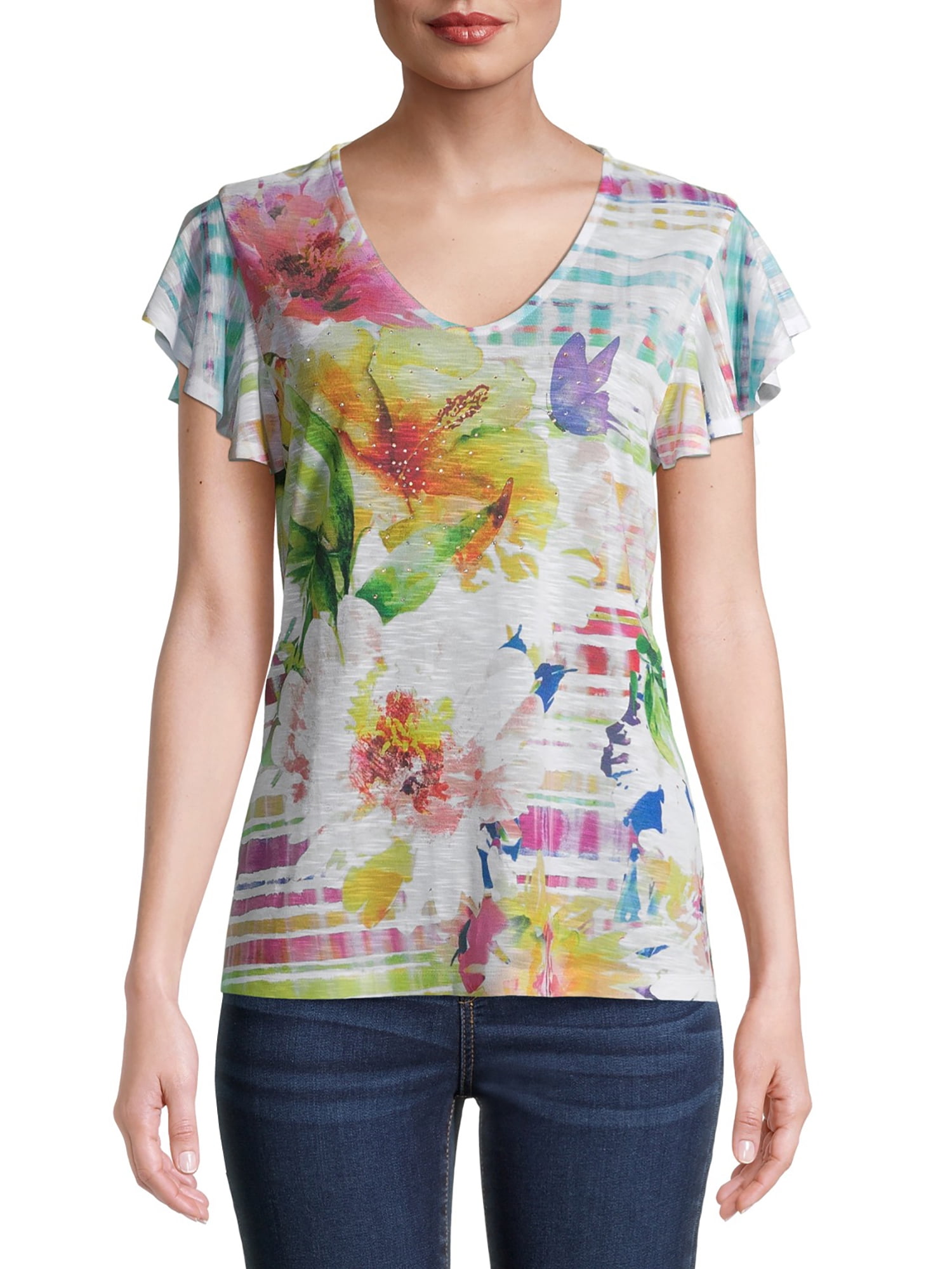 Time and Tru Women's Flutter Sleeve Sublimation Floral Top - Walmart.com