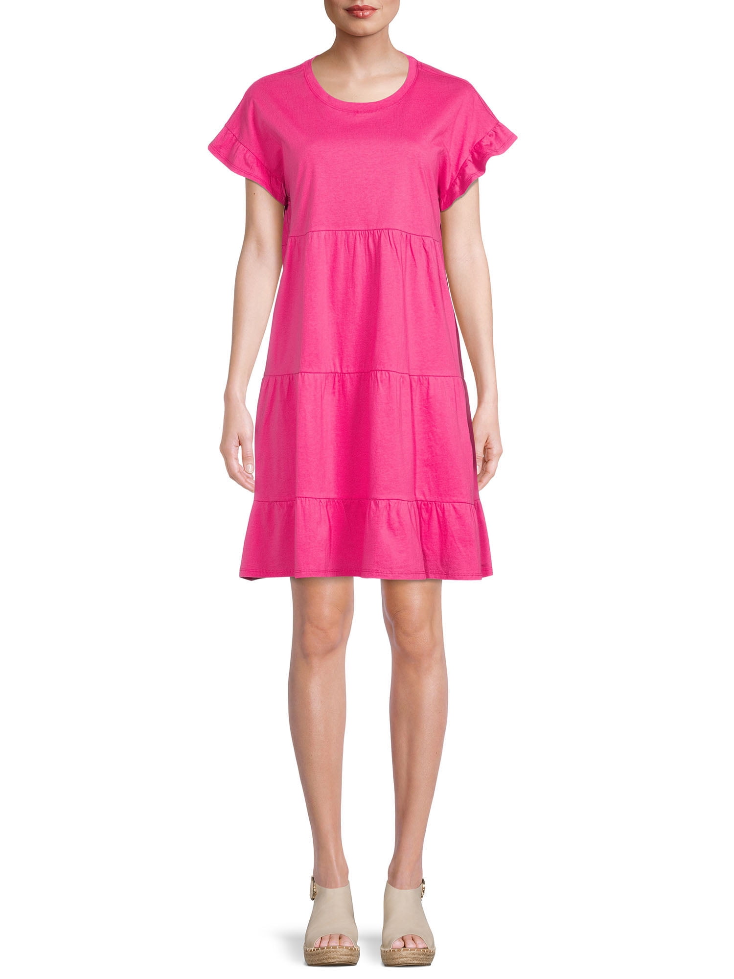 Time and Tru Women's Flutter Sleeve Tiered Dress - Walmart.com