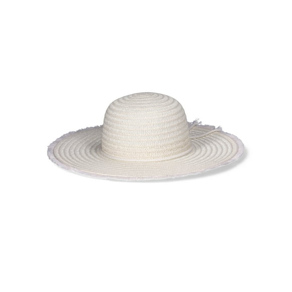 Time and Tru Women's Fringe Straw Floppy Hat, White