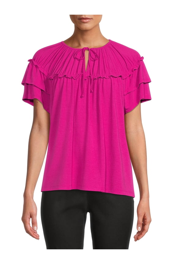 Women's Gathered Top with Flutter Sleeves
