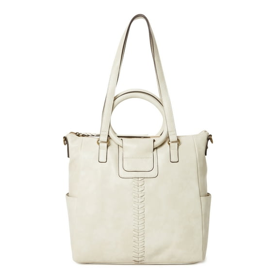 Time and Tru Women's Giselle Faux Leather Convertible Tote Handbag Beige