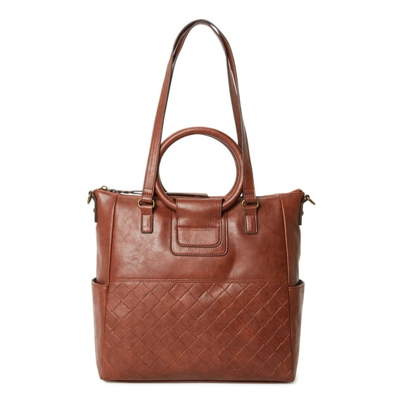 Time and Tru Women's Giselle Faux Leather Convertible Tote Handbag Brown