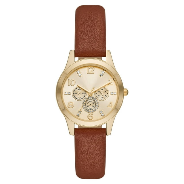 Time and Tru Women's Gold Tone Crystal Accent Watch with Faux Leather